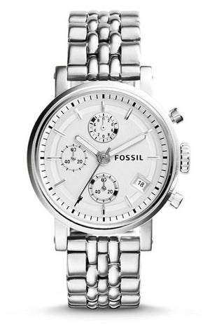 Fossil Boyfriend Chronograph Silver Dial Silver Steel Strap Watch for Women - ES2198