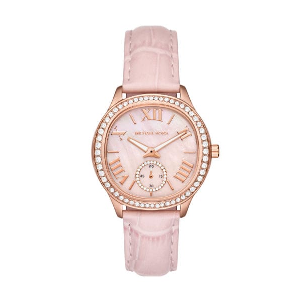 Michael Kors Sage Three-Hand Mother of Pearl Pink Dial Pink Leather Strap Watch for Women - MK4820