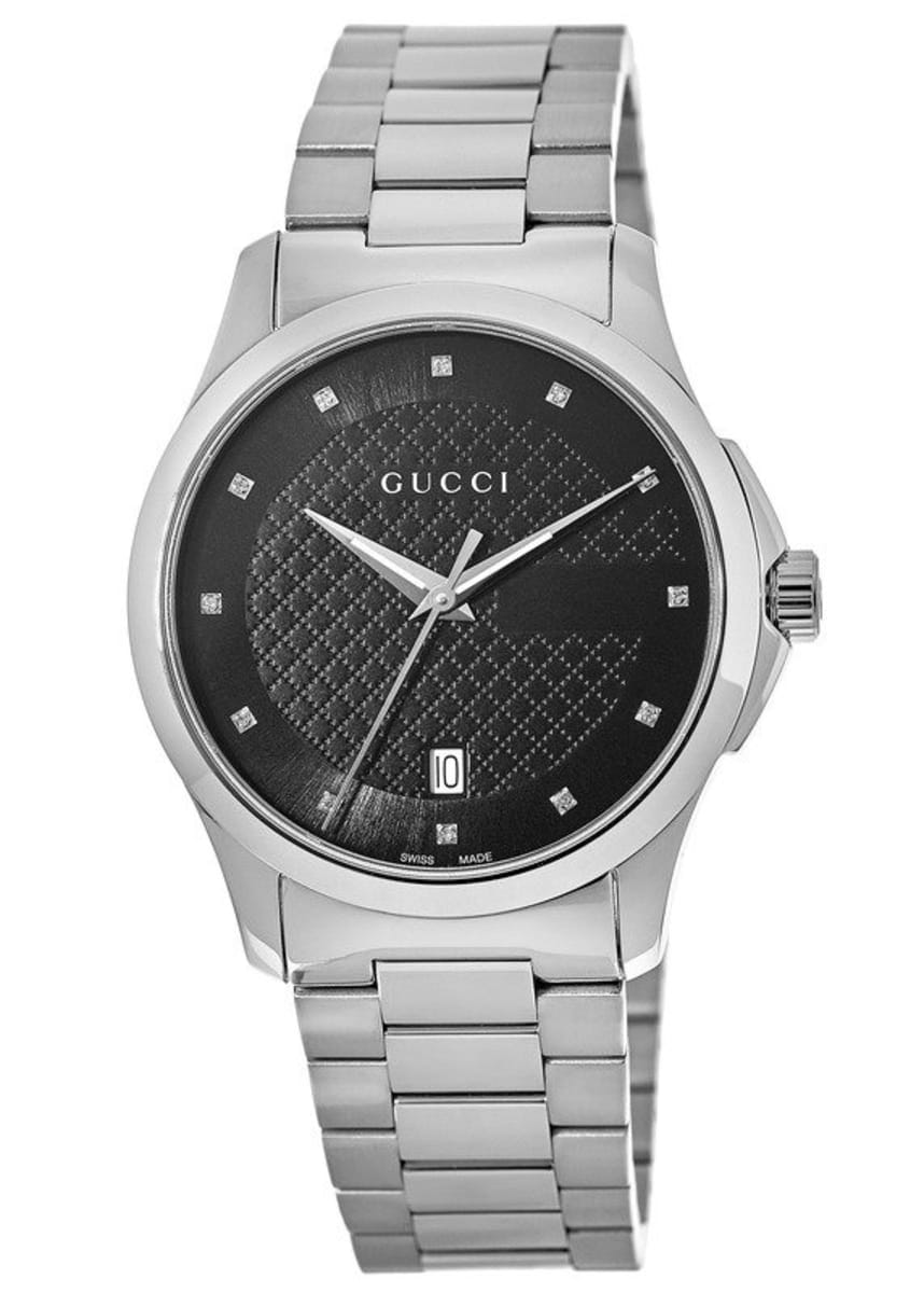 Gucci G Timeless Diamonds Black Dial Silver Steel Strap Watch For Men - YA126456