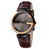 Gucci Interlocking G 18K Gold Black Dial Brown Leather Strap Watch For Women - YA133304