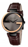 Gucci Interlocking G 18K Gold Black Dial Brown Leather Strap Watch For Women - YA133304