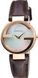 Gucci G Interlocking Mother of Pearl Dial Brown Leather Strap Watch For Women - YA133516