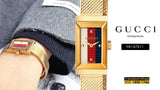 Gucci G Frame Quartz Diamonds White Red Blue Dial Gold Mesh Bracelet Watch For Women - YA147511