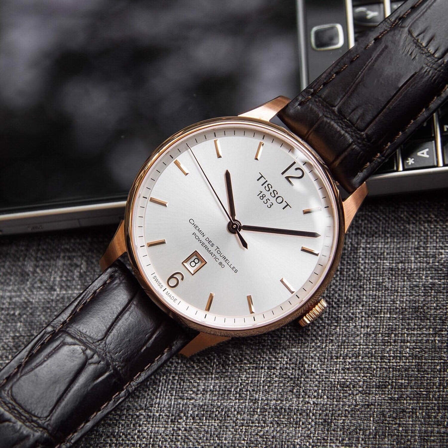 Tissot Chemin Des Tourelles Powermatic 80 Silver Dial Brown Leather Strap Watch For Men - T099.407.36.037.00