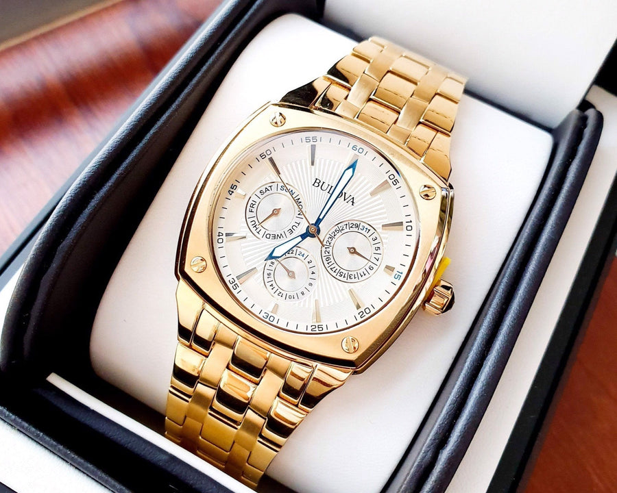 Bulova Multifunction White Dial Gold Steel Strap Watch for Men - 97C105