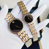 Movado watches with black dials and gold/silver bands