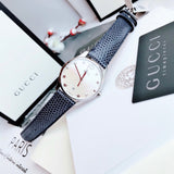 Gucci G-Timeless Signature Mother of Pearl Silver Dial Blue Leather Strap Watch For Women - YA1264049