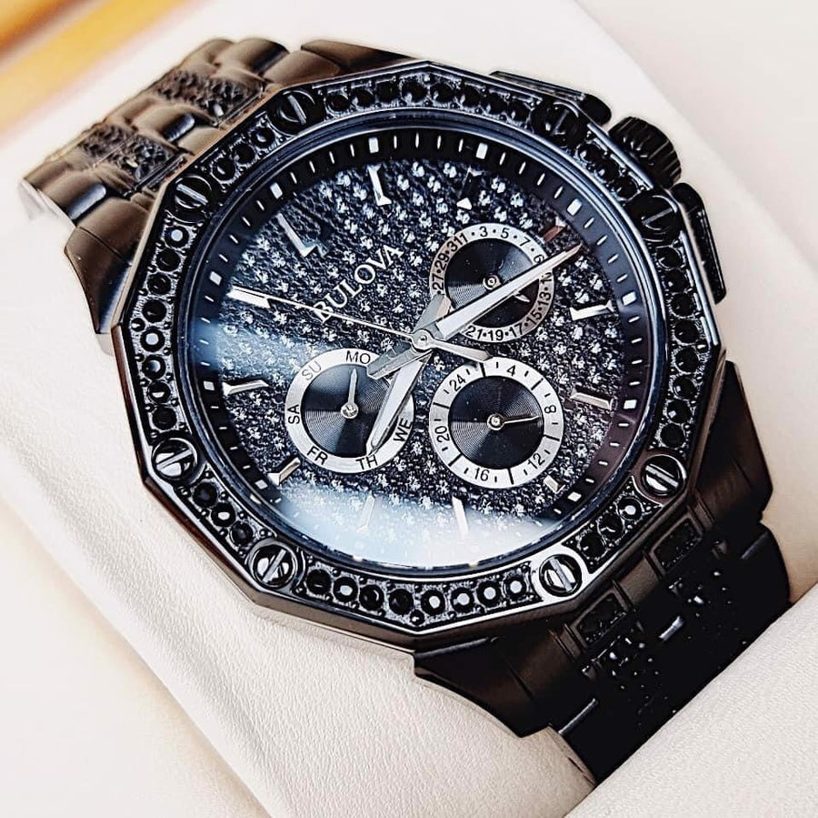 Bulova Octova Chronograph Black Crystal Dial Black Steel Strap Watch for Men - 98C134