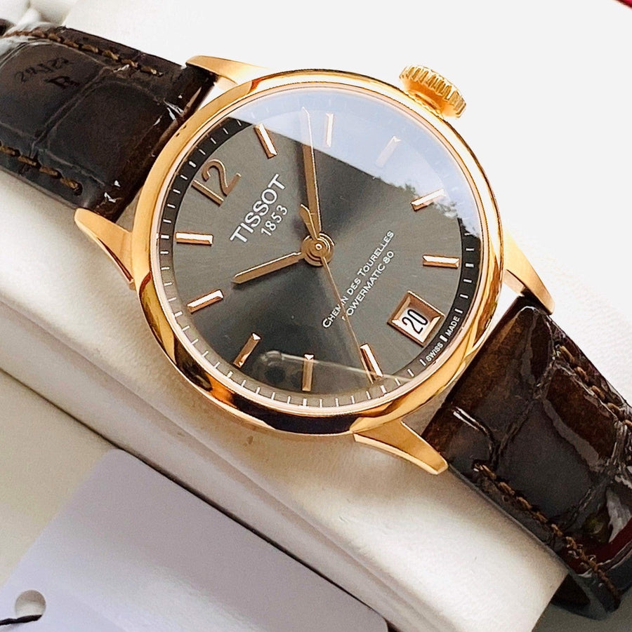Tissot Chemin Des Tourelles Powermatic 80 Lady Brown Dial Brown Leather Strap Watch For Women - T099.207.36.447.00