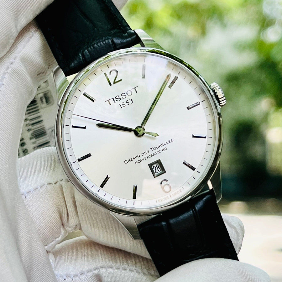 Tissot Chemin Des Tourelles Powermatic 80 Silver Dial Black Leather Strap Watch For Men - T099.407.16.037.00