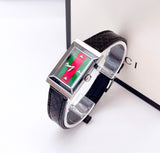 Gucci G-Frame Mother of Pearl Green & Red Dial Black Leather Strap Watch For Women - YA147403