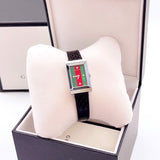 Gucci G-Frame Mother of Pearl Green & Red Dial Black Leather Strap Watch For Women - YA147403