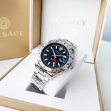 Versace Hellenyium GMT Black Dial Silver Steel Strap Watch for Men - V11020015