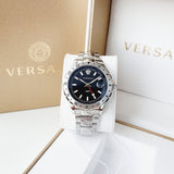 Versace Hellenyium GMT Black Dial Silver Steel Strap Watch for Men - V11020015