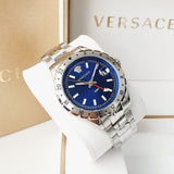 Versace Hellenyium GMT Blue Dial Silver Steel Strap Watch for Men - V11010015