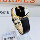 Movado black and gold watch with leather strap