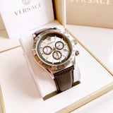 Versace Classic Chronograph Quartz Silver Dial Brown Leather Strap Watch For Men - VEV700119