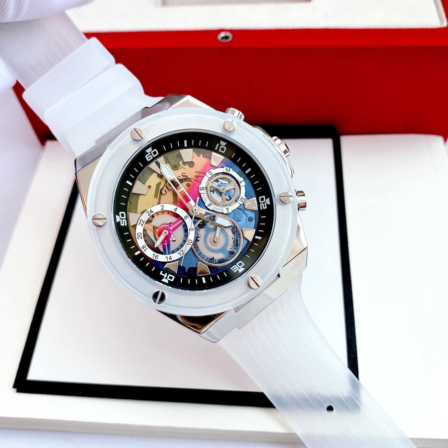 Guess Poseidon Chronograph Rainbow Dial White Silicone Strap Watch For Men - GW0425G4