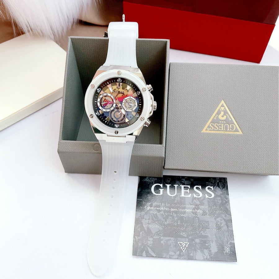 Guess Poseidon Chronograph Rainbow Dial White Silicone Strap Watch For Men - GW0425G4
