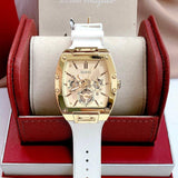 Guess Phoenix Multifunction Gold Dial White Leather Strap Watch for Men - GW0202G6