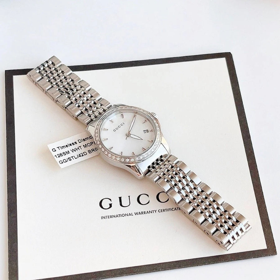 Gucci G Timeless Diamonds Mother of Pearl Dial Silver Steel Strap Watch For Women - YA126506