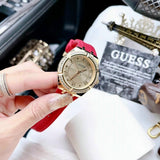 Guess Cosmo Diamonds Gold Dial Red Rubber Strap Watch for Women - GW0034L6