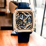 Fossil Inscription Automatic Skeleton Rose Gold Dial Black Leather Strap Watch for Men - BQ2572