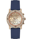 Guess Confetti Diamonds Gold Dial Blue Rubber Strap Watch For Women - W1098L6