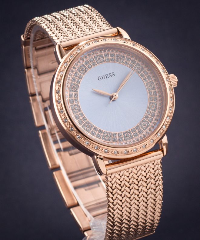 Guess Willow Crystal Blue Dial Rose Gold Mesh Bracelet Watch For Women - W0836L1