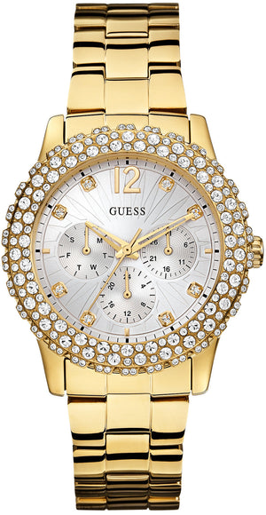 Guess Dazzler Diamonds Silver Dial Gold Steel Strap Watch for Women - W0335L2