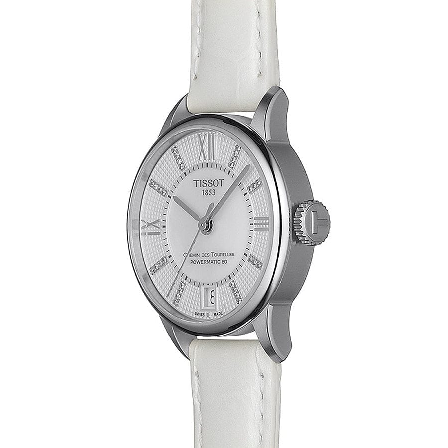 Tissot Chemin Des Tourelles Powermatic 80 Lady White Dial White Leather Strap Watch For Women - T099.207.16.116.00