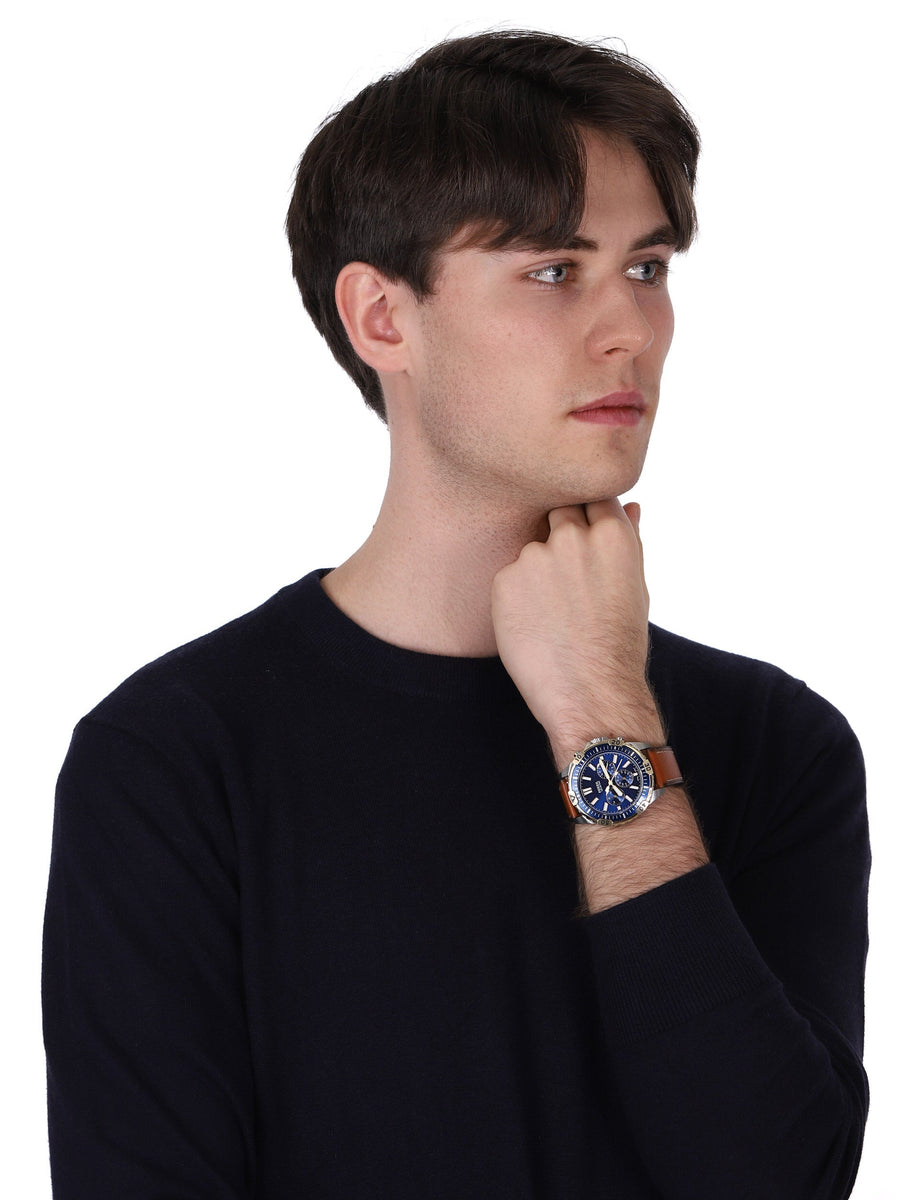 Fossil Garrett Chronograph Blue Dial Brown Leather Strap Watch for Men - FS5625