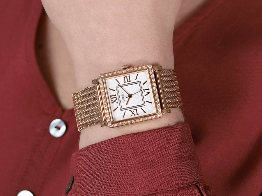 Guess Highline Off White Dial Rose Gold Stainless Steel Mesh Strap Watch For Women - W0826L3