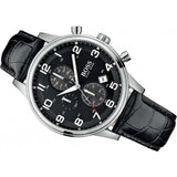 Hugo Boss Aeroliner Chronograph Black Dial Black Leather Strap Watch For Men - 1512448