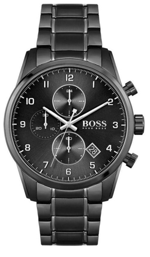 Hugo Boss Skymaster Chronograph Black Dial Black Steel Strap Watch for Men - 1513785