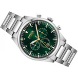 Hugo Boss Pioneer Green Dial Silver Steel Strap Watch for Men - 1513868