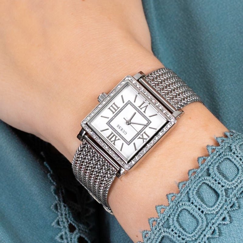 Guess Highline White Dial Silver Mesh Bracelet Watch For Women - W0826L1