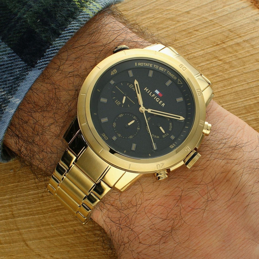 Tommy Hilfiger Troy Chronograph Black Dial Gold Steel Strap Watch For Men - 1792109