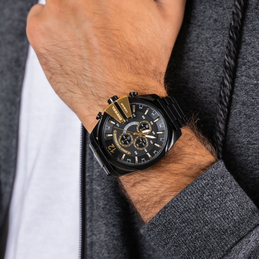 Diesel Mega Chief Chronograph Black Dial Black Steel Strap Watch For Men - DZ4338