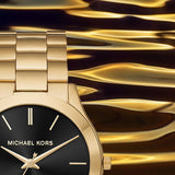 Michael Kors Slim Runway Quartz Black Dial Gold Steel Strap Watch For Men - MK8621