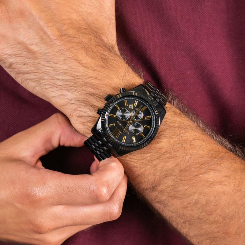 Michael Kors Lexington Chronograph Black Dial Black Steel Strap Watch for Men - MK8603