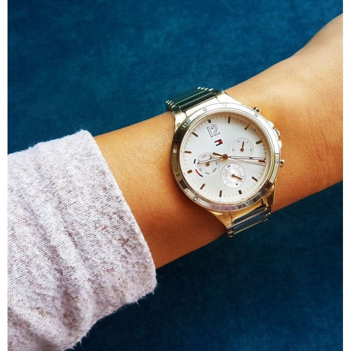 Tommy Hilfiger Eve Chronograph Quartz White Dial Gold Steel Strap Watch For Women - 1782278