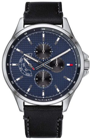 Tommy Hilfiger Shawn Multifunction Quartz Blue Dial Black Leather Strap Watch for Men - 1791616