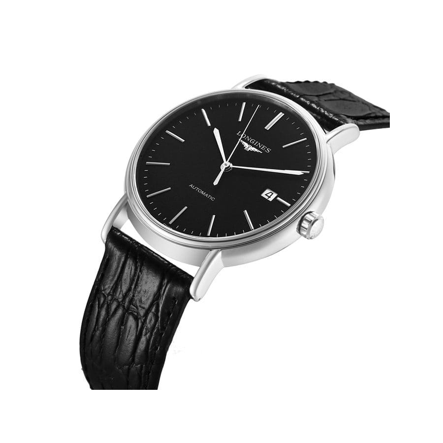 Longines Presence 38.5mm Automatic Black Dial Black Leather Strap Watch for Men - L4.921.4.52.2
